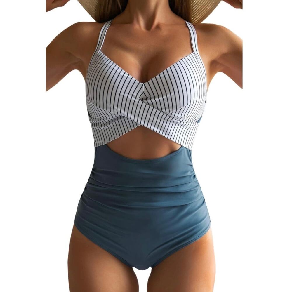 EoMENIE Women Blue White Striped One Piece Swimsuit Tummy Control Cutout L NWT